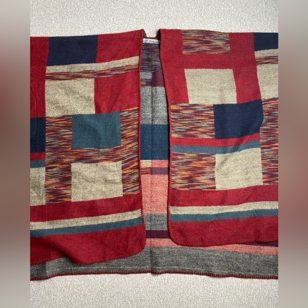 Desheng wrap poncho kimono duster in southwestern color block patchwork ruana - Picture 4 of 5